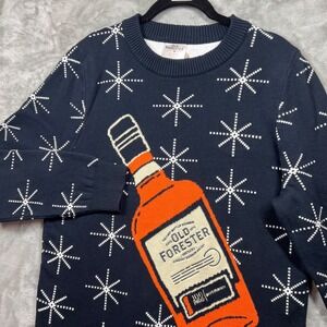 Old Forester 100 Proof Bourbon Sweater Navy Blue Medium Ugly Christmas Holiday